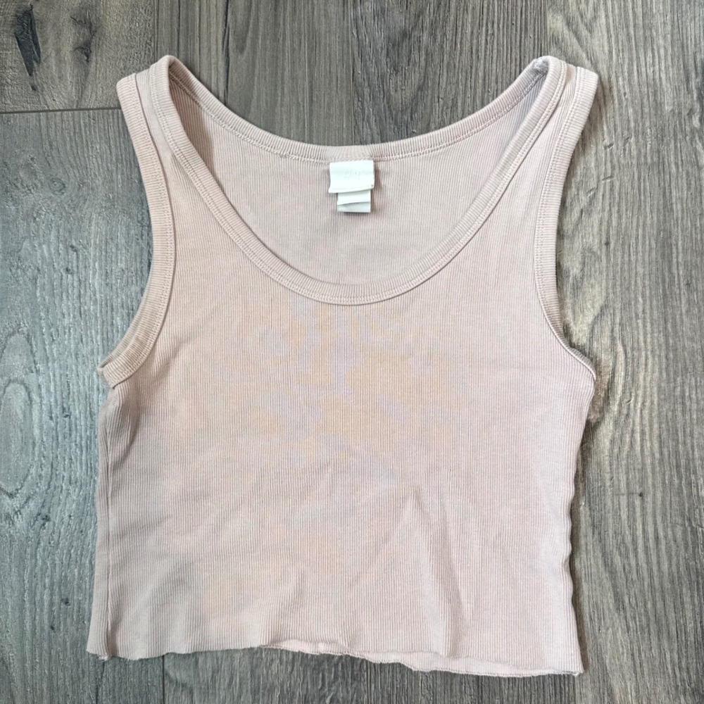 H M Basics Ribbed Tank Top‎ Crop Top Womens M Pink Raw Hem Sleeveless